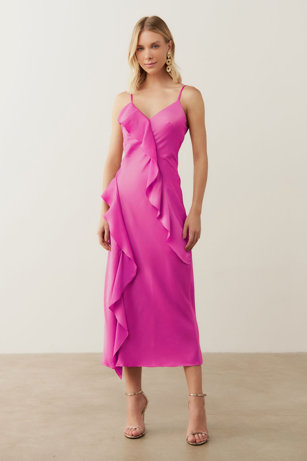 Vestido Long Midi com Decote em V e Babados - Córdoba Violeta