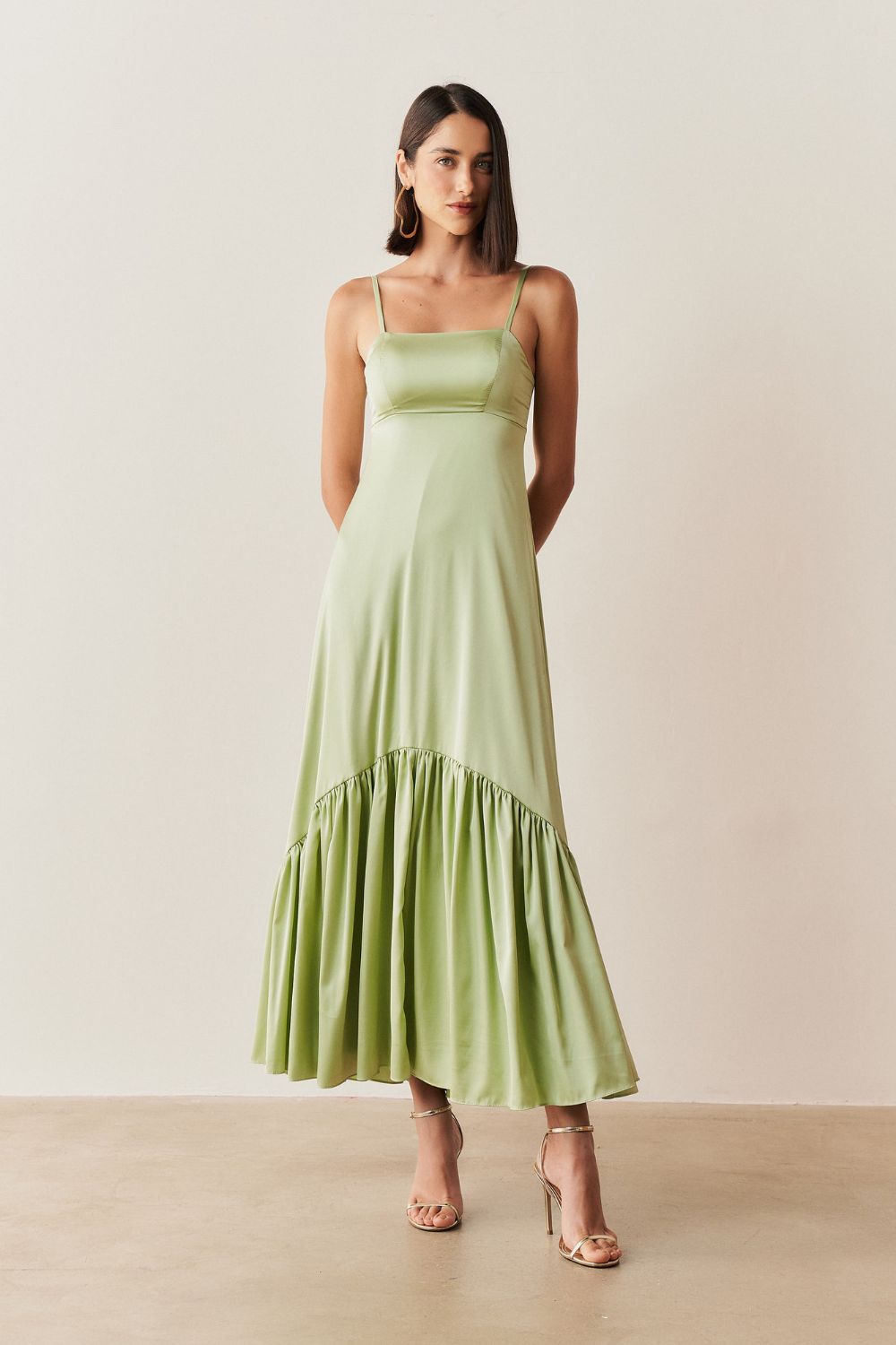 Vestido Long Midi com Decote Reto e Franzidos na Saia - Israel Menta