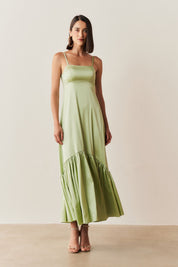 Vestido Long Midi com Decote Reto e Franzidos na Saia - Israel Menta