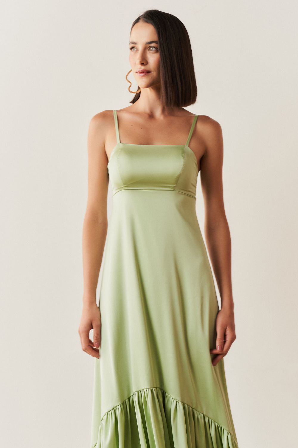 Vestido Long Midi com Decote Reto e Franzidos na Saia - Israel Menta