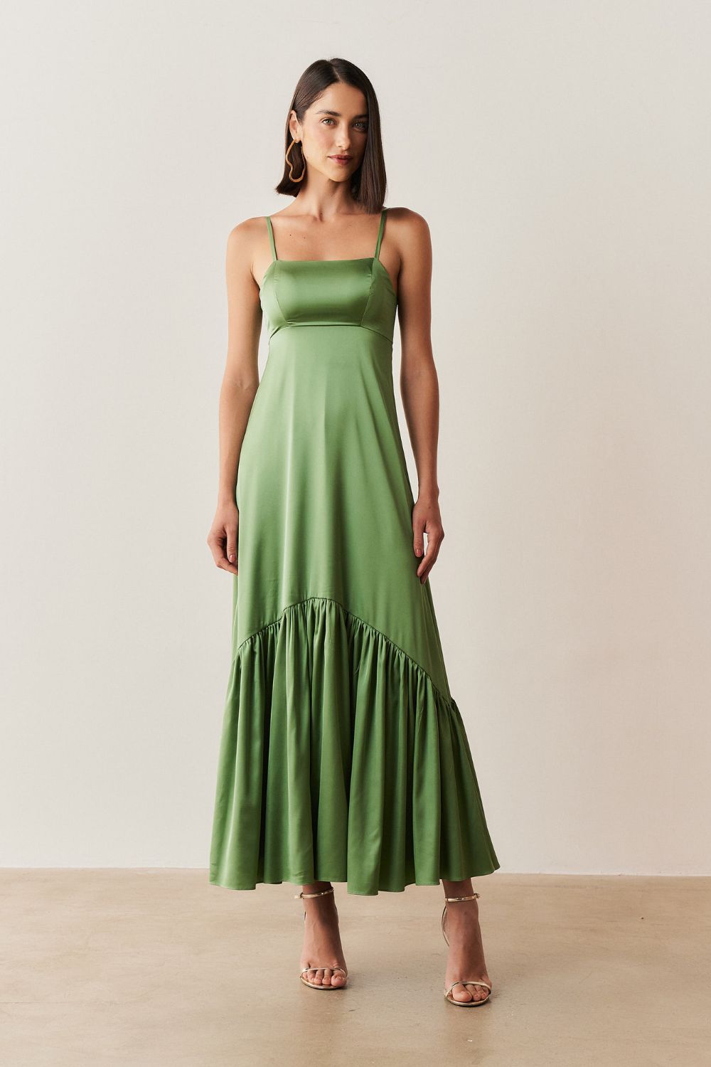 Vestido Long Midi com Decote Reto e Franzidos na Saia - Israel Oliva