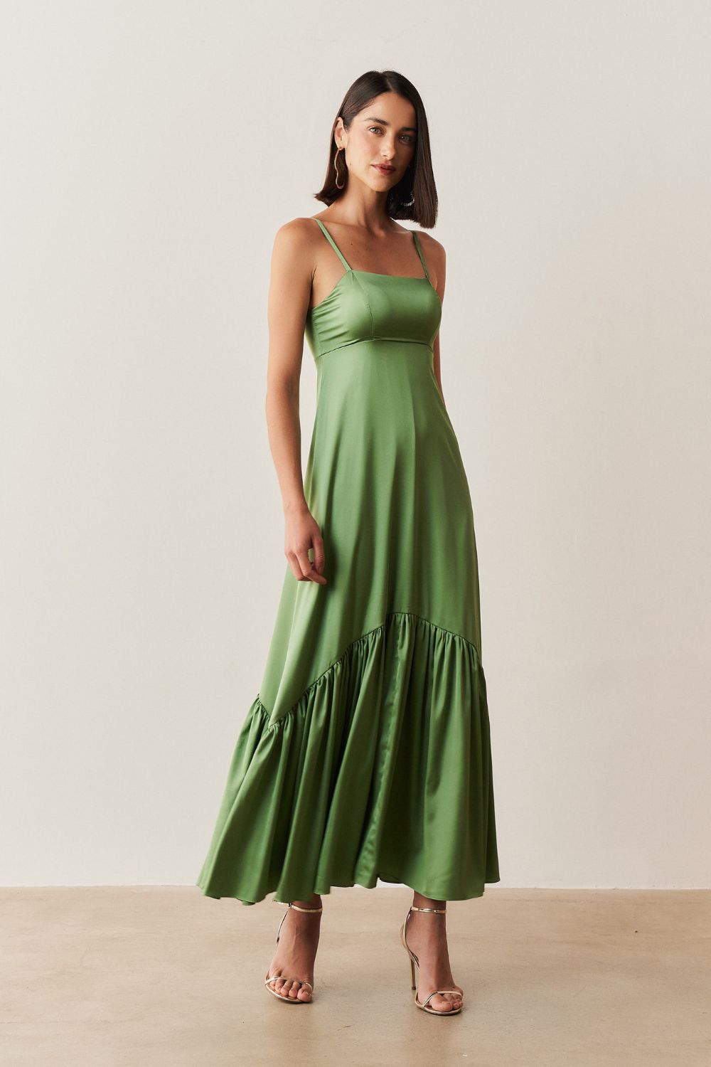 Vestido Long Midi com Decote Reto e Franzidos na Saia - Israel Oliva