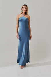 Vestido Long Midi de Cetim com Decote Triangular e Amarração nas Costas - Capri Azul Jeans