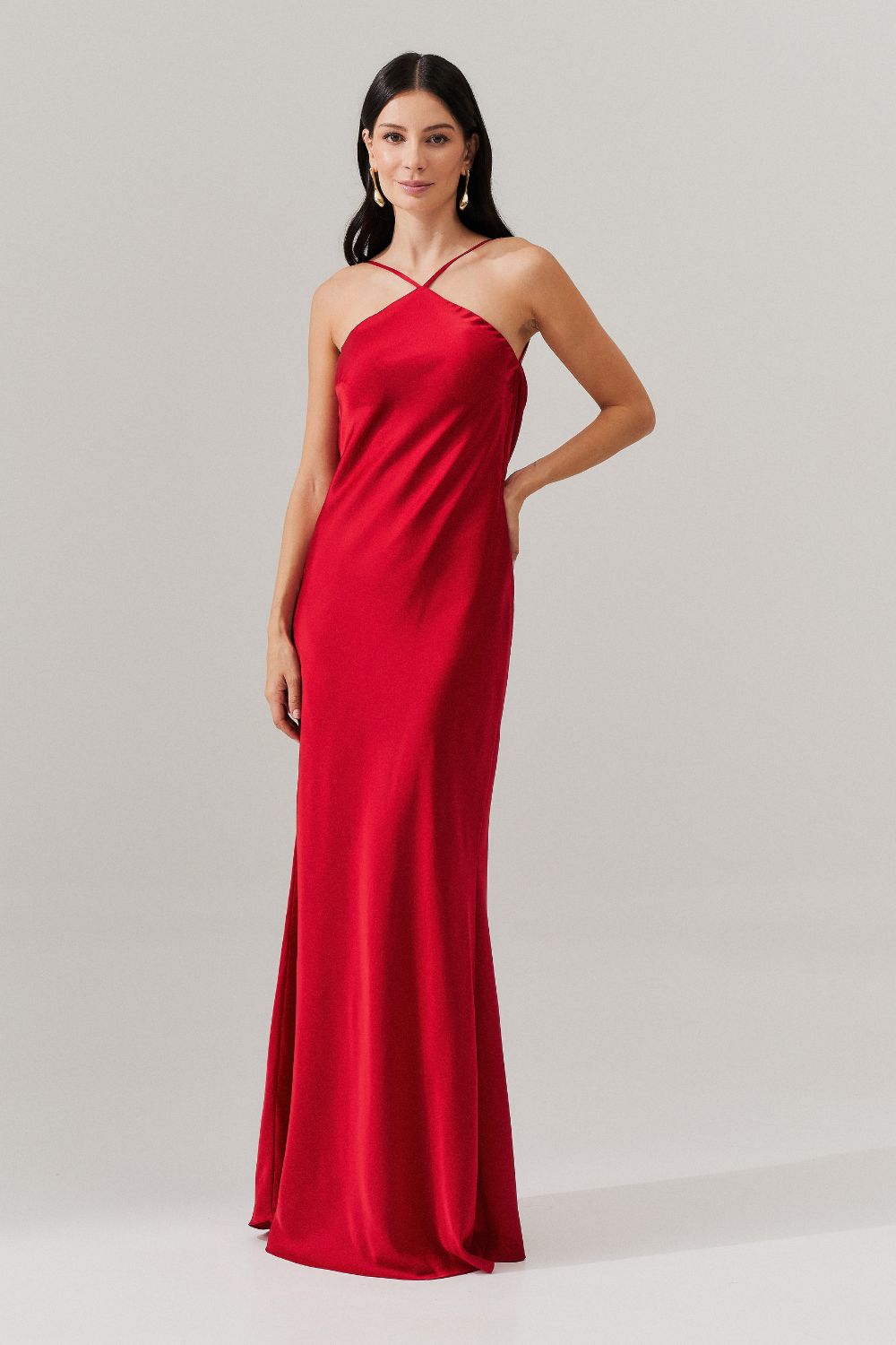 Vestido Long Midi de Cetim com Decote Triangular e Amarração nas Costas - Capri Vermelho