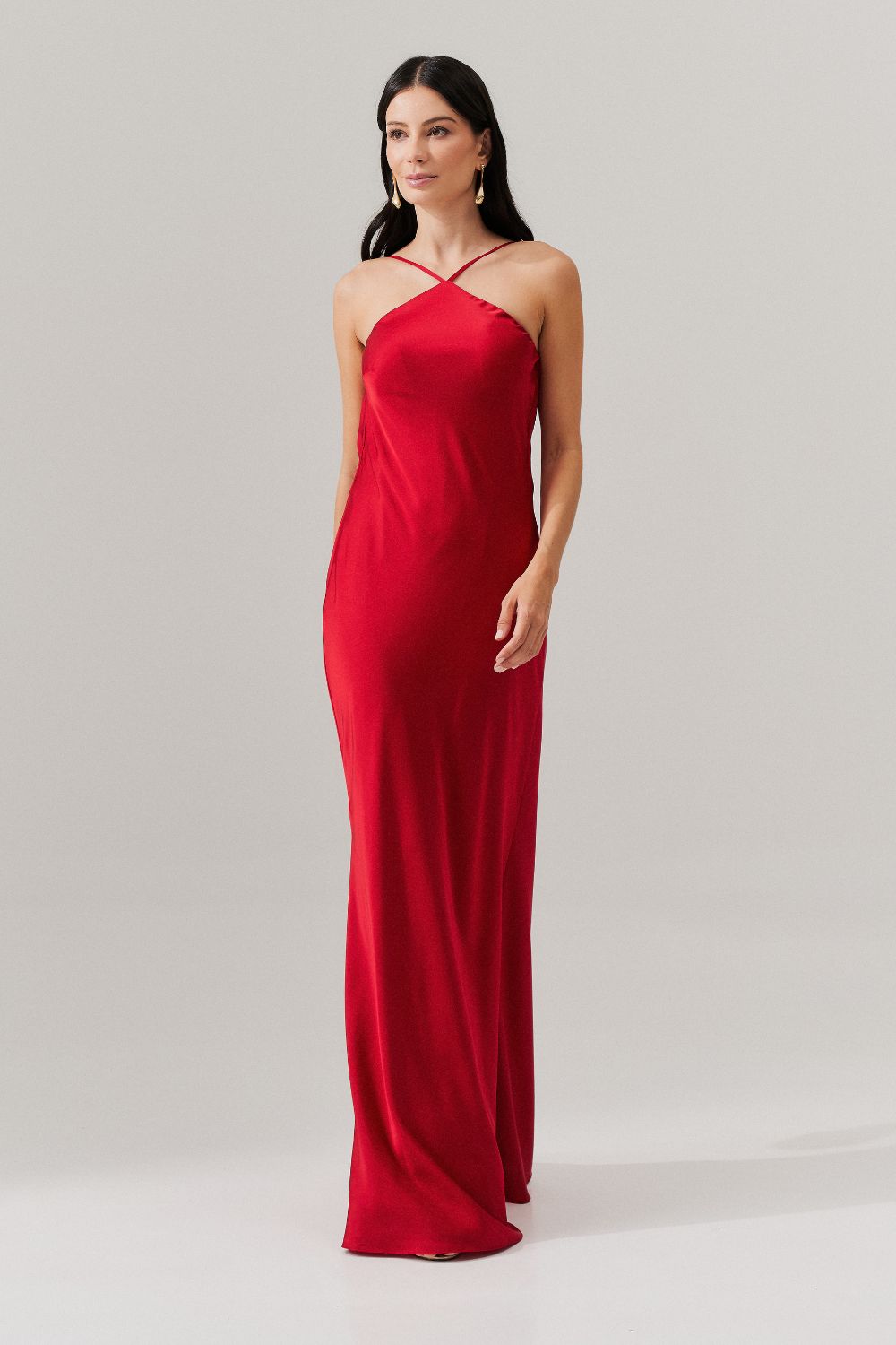 Vestido Long Midi de Cetim com Decote Triangular e Amarração nas Costas - Capri Vermelho