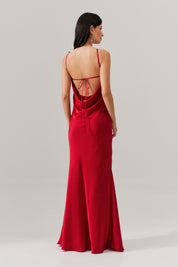 Vestido Long Midi de Cetim com Decote Triangular e Amarração nas Costas - Capri Vermelho