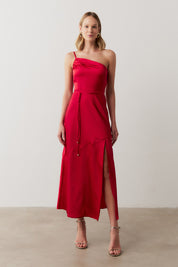 Vestido Long Midi Ombro Único em Cetim com Fenda Lateral - Jordânia Vermelho
