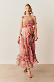 Vestido Long Midi em Chiffon Estampado - Turim Rosa Estampado