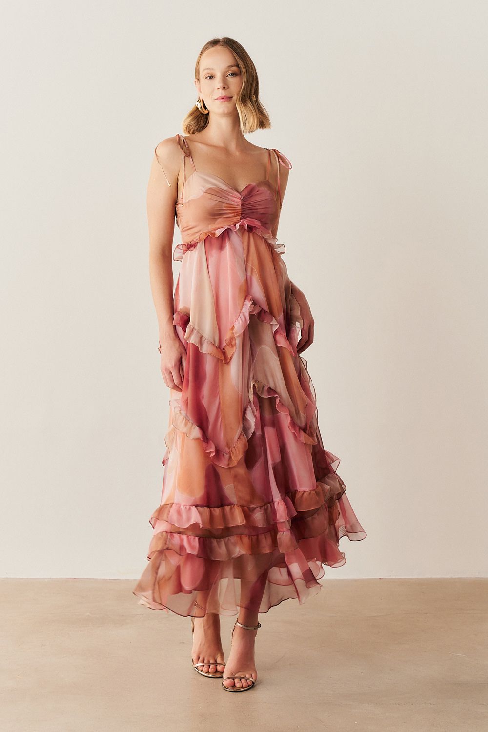 Vestido Long Midi em Chiffon Estampado - Turim Rosa Estampado