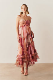 Vestido Long Midi em Chiffon Estampado - Turim Rosa Estampado