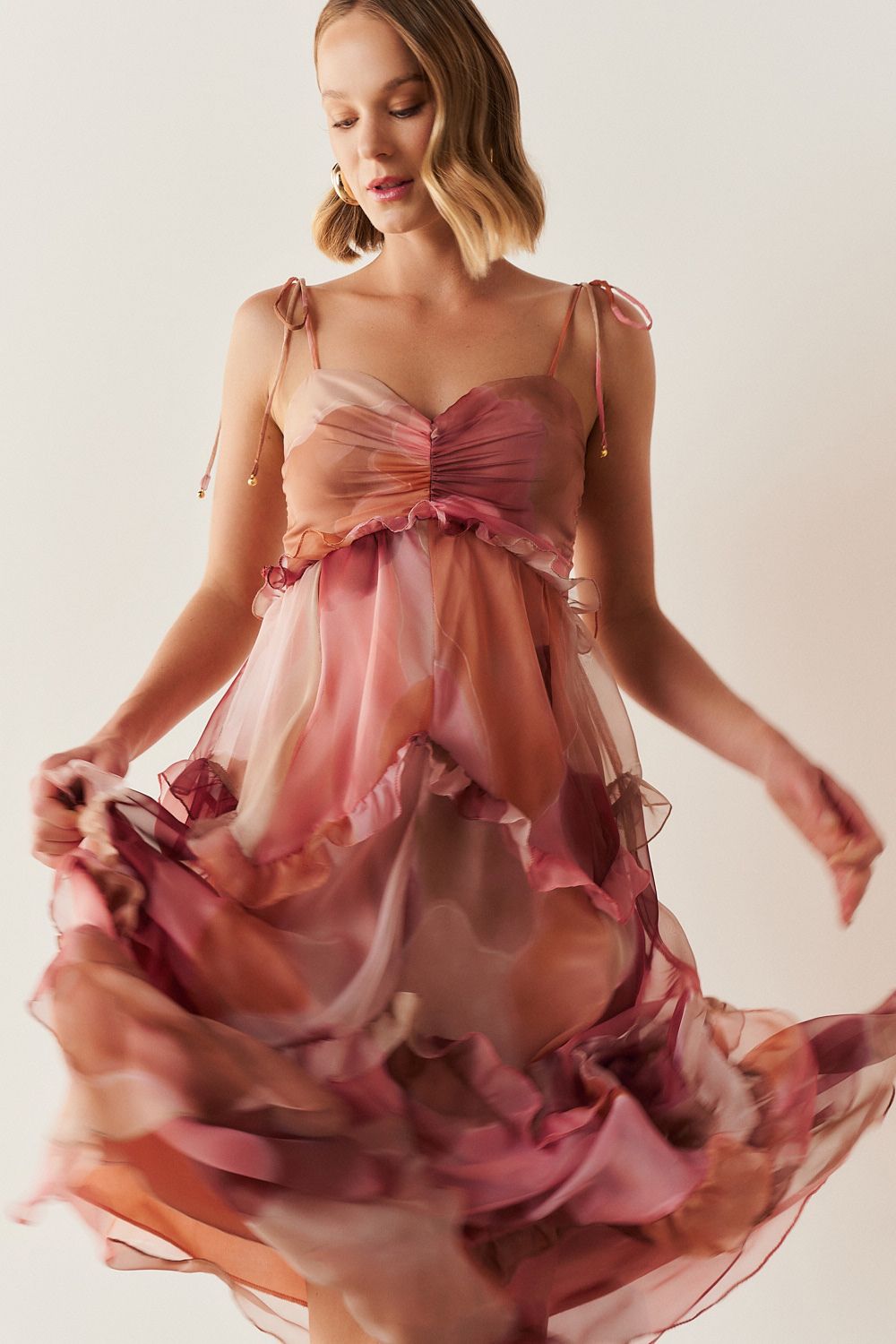 Vestido Long Midi em Chiffon Estampado - Turim Rosa Estampado