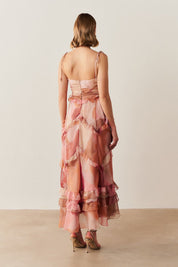 Vestido Long Midi em Chiffon Estampado - Turim Rosa Estampado