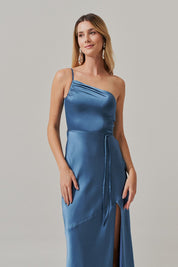 Vestido Long Midi Ombro Único em Cetim com Fenda Lateral - Jordânia Azul Jeans