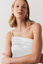 Vestido Long Midi Ombro Único em Cetim com Fenda Lateral - Jordânia Off White