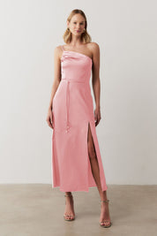 Vestido Long Midi Ombro Único em Cetim com Fenda Lateral - Jordânia Rosa