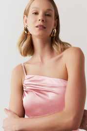 Vestido Long Midi Ombro Único em Cetim com Fenda Lateral - Jordânia Rosa