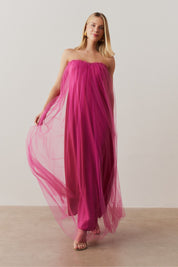 Vestido Long Midi Amplo com Decote Semi Coração e Babados  - Arabia Fucsia