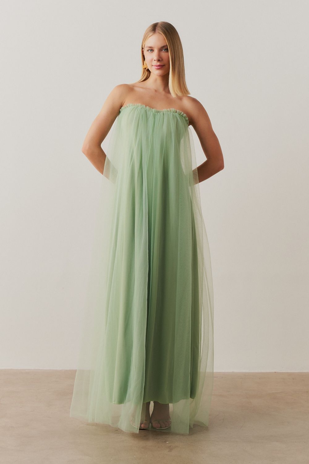 Vestido Long Midi Amplo com Decote Semi Coração e Babados  - Arabia Menta