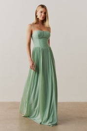 Vestido Longo, Busto Demarcado e Saia Franzida - Calgari Menta