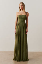 Vestido Longo, Busto Demarcado e Saia Franzida - Calgari Oliva