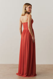 Vestido Longo, Busto Demarcado e Saia Franzida - Calgari Terracota