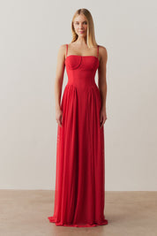 Vestido Longo, Busto Demarcado e Saia Franzida - Calgari Vermelho