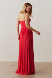 Vestido Longo, Busto Demarcado e Saia Franzida - Calgari Vermelho