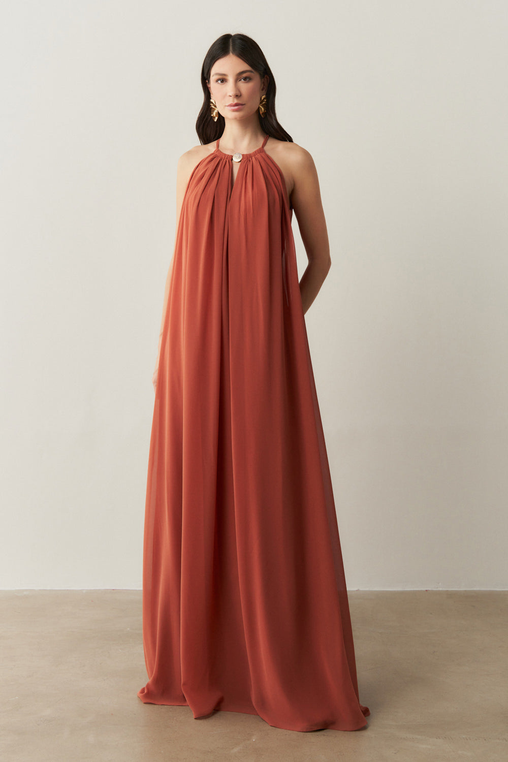 Vestido Longo com Alça Fina Ajustável - Adélia Terracota