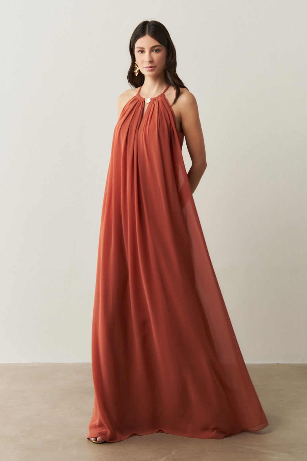 Vestido Longo com Alça Fina Ajustável - Adélia Terracota