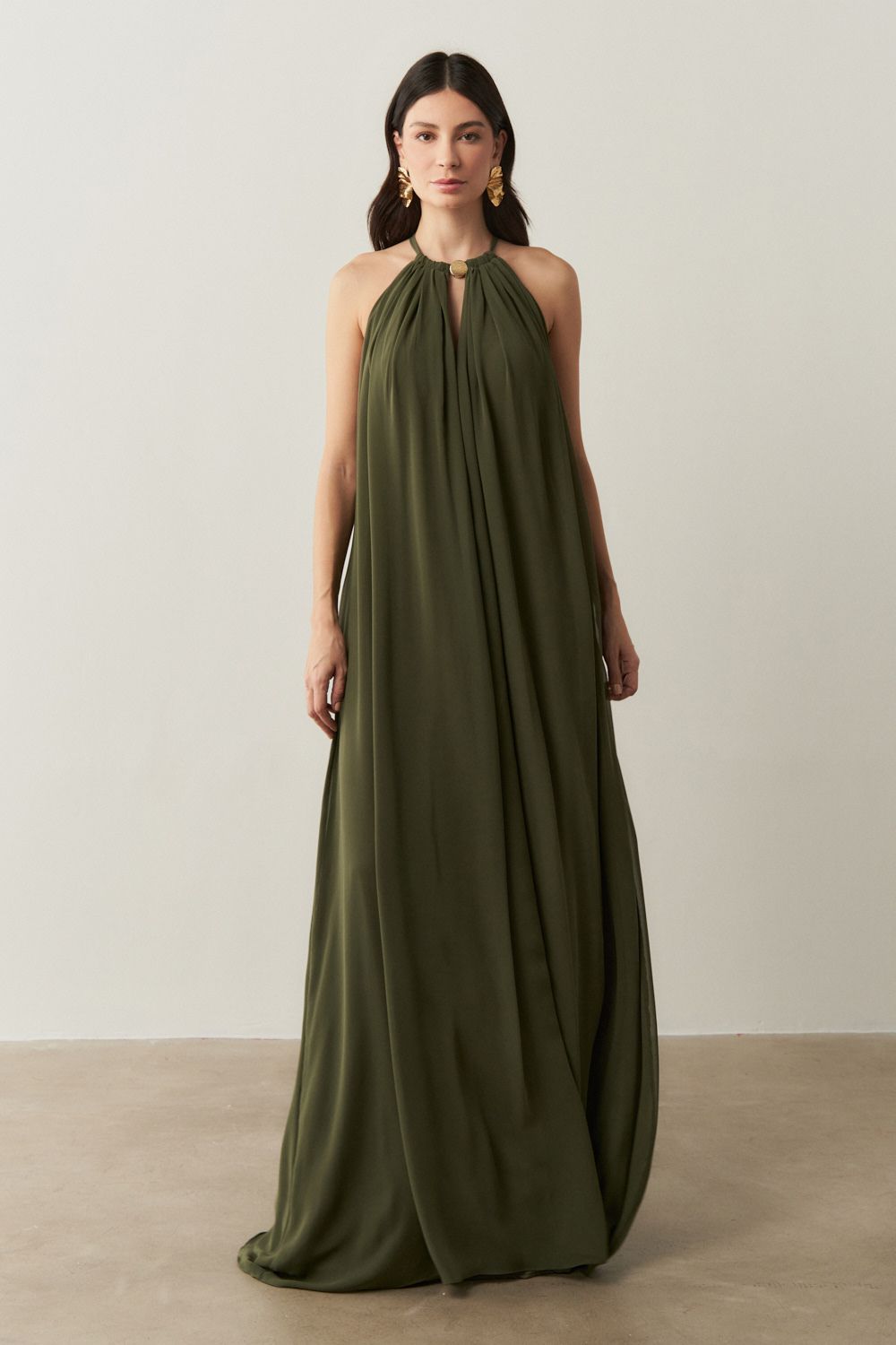 Vestido Longo com Alça Fina Ajustável - Adélia Verde Oliva