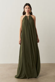 Vestido Longo com Alça Fina Ajustável - Adélia Verde Oliva