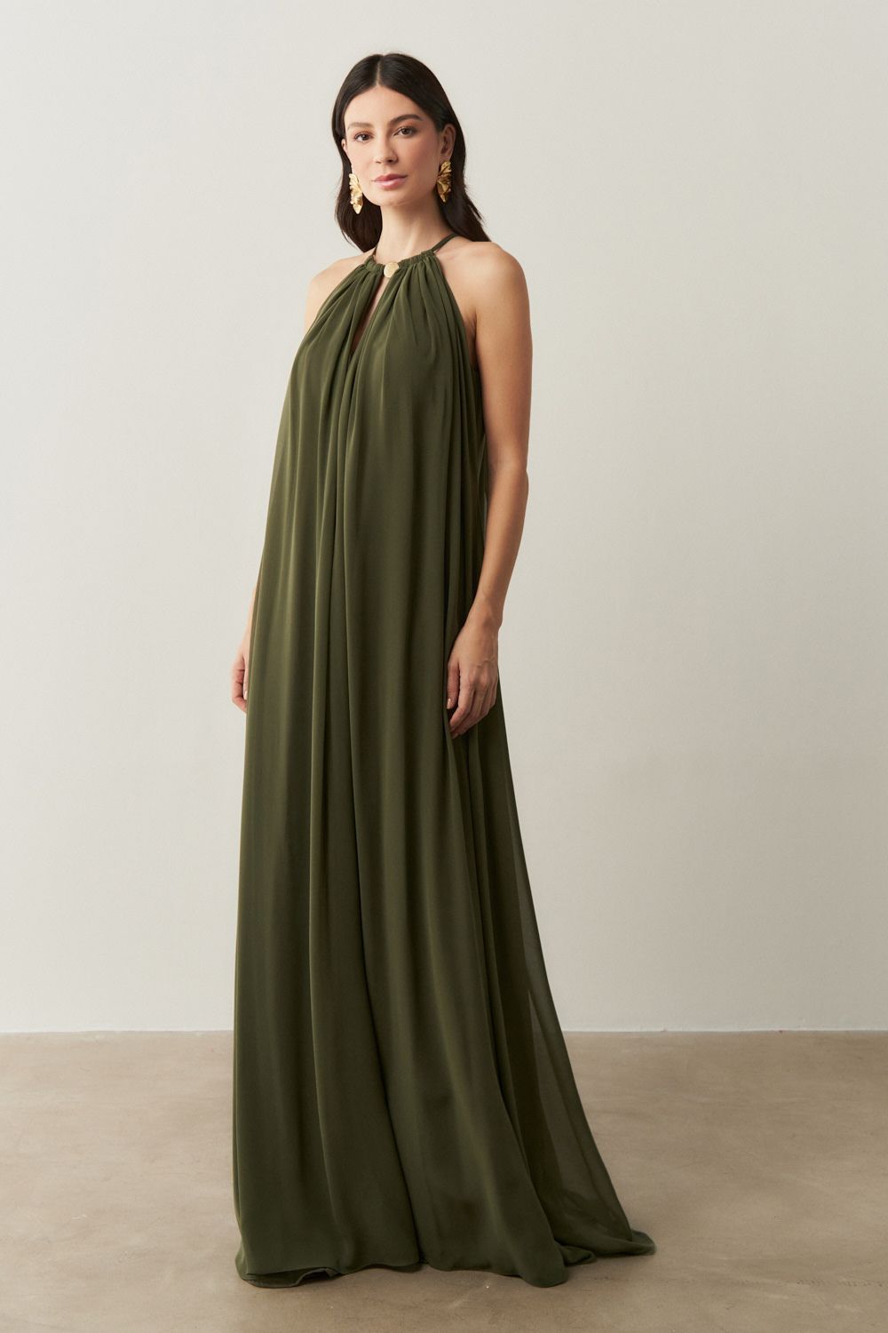 Vestido Longo com Alça Fina Ajustável - Adélia Verde Oliva