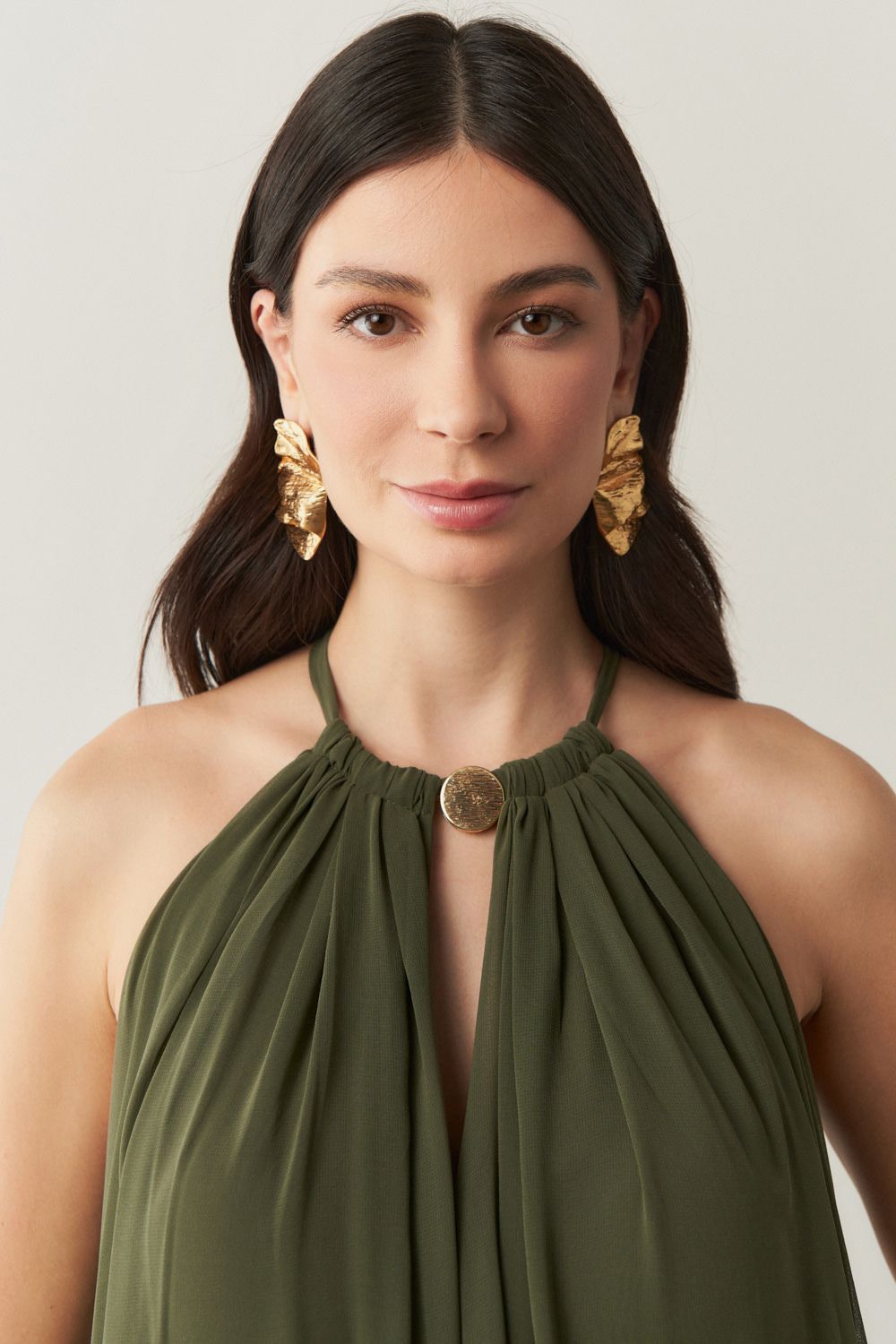 Vestido Longo com Alça Fina Ajustável - Adélia Verde Oliva