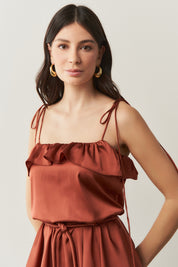 Vestido Long Midi com Alças Finas e Camadas Sobrepostas - Santiago Terracota