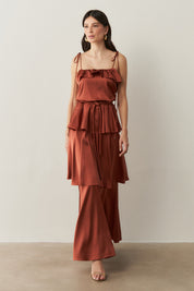 Vestido Long Midi com Alças Finas e Camadas Sobrepostas - Santiago Terracota