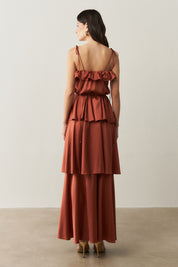 Vestido Long Midi com Alças Finas e Camadas Sobrepostas - Santiago Terracota