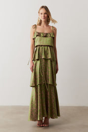 Vestido Long Midi com Alças Finas e Camadas Sobrepostas - Egito Verde