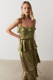 Vestido Long Midi com Alças Finas e Camadas Sobrepostas - Egito Verde