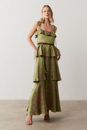 Vestido Long Midi com Alças Finas e Camadas Sobrepostas - Egito Verde