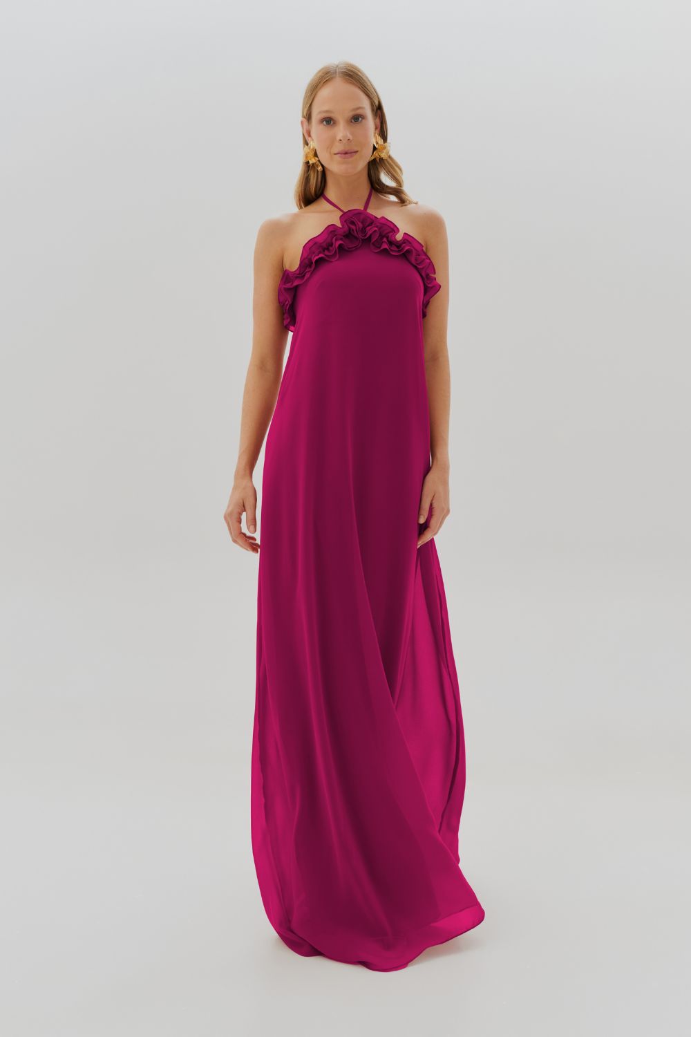 Vestido Longo com Babados no Decote e Amarração - Portugal Fúcsia