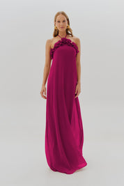 Vestido Longo com Babados no Decote e Amarração - Portugal Fúcsia