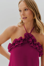 Vestido Longo com Babados no Decote e Amarração - Portugal Fúcsia