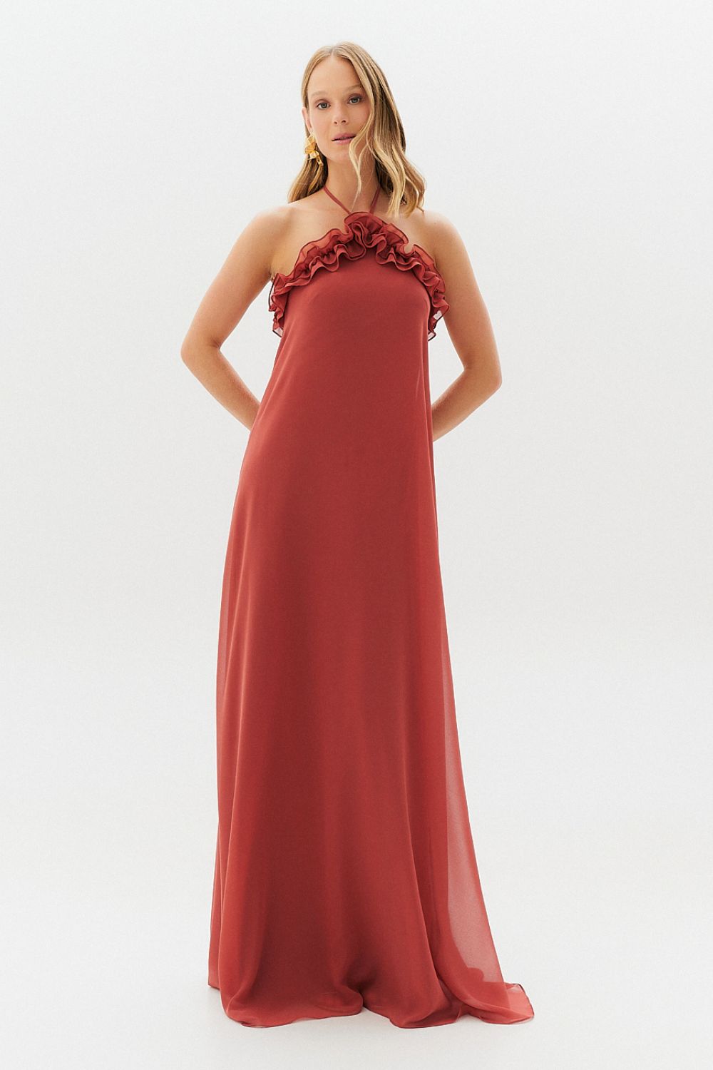 Vestido Longo com Babados no Decote e Amarração - Portugal Terracota