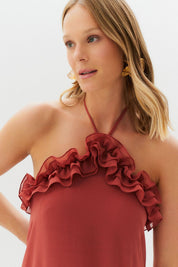 Vestido Longo com Babados no Decote e Amarração - Portugal Terracota