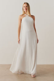 Vestido Longo com Decote Alto e Alças de Renda Bordada - Hungria Off White