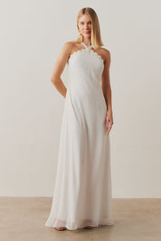 Vestido Longo com Decote Alto e Alças de Renda Bordada - Hungria Off White