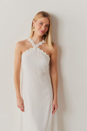 Vestido Longo com Decote Alto e Alças de Renda Bordada - Hungria Off White