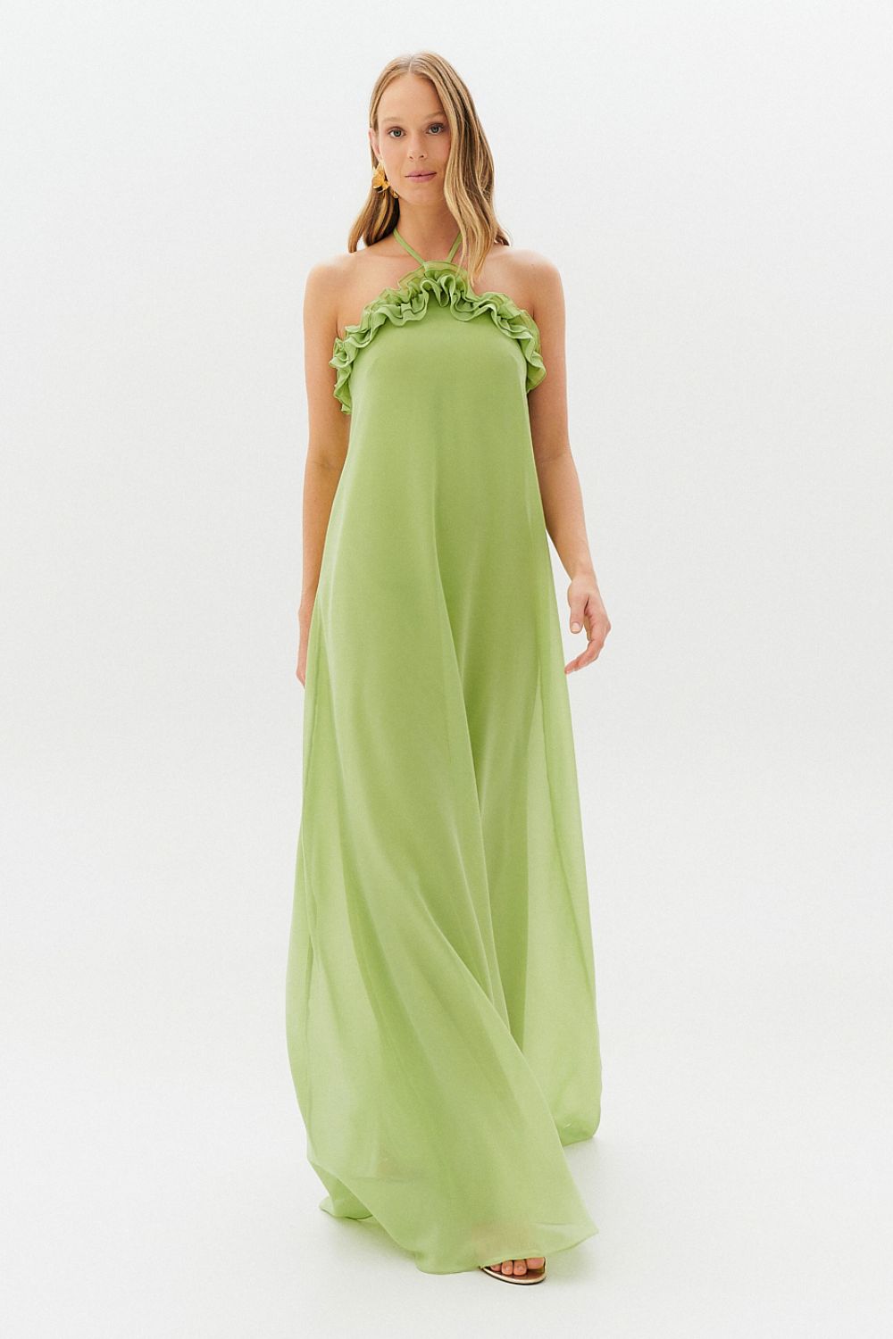 Vestido Longo com Babados no Decote e Amarração - Portugal Verde Matcha