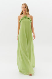 Vestido Longo com Babados no Decote e Amarração - Portugal Verde Matcha