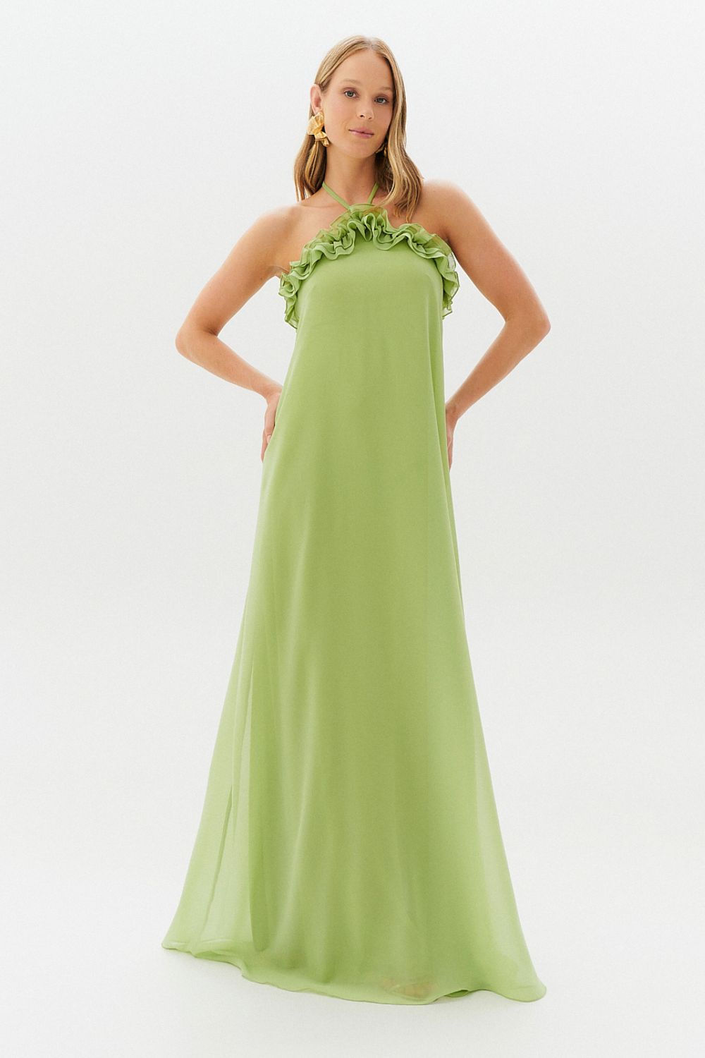 Vestido Longo com Babados no Decote e Amarração - Portugal Verde Matcha